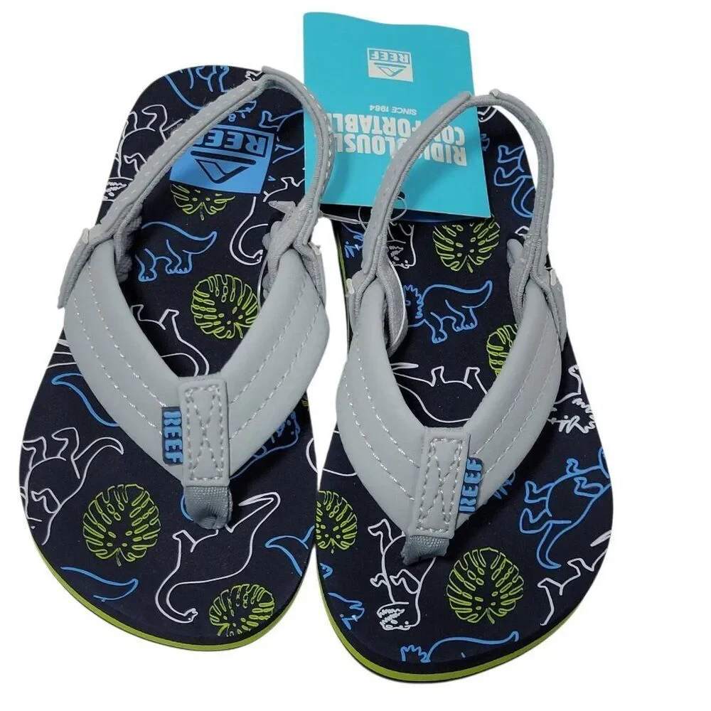 Reef Flip Flop Sandals‎ Toddler Boy Size 8 Ahi Dino Dinosaur Gray Blue Backstrap